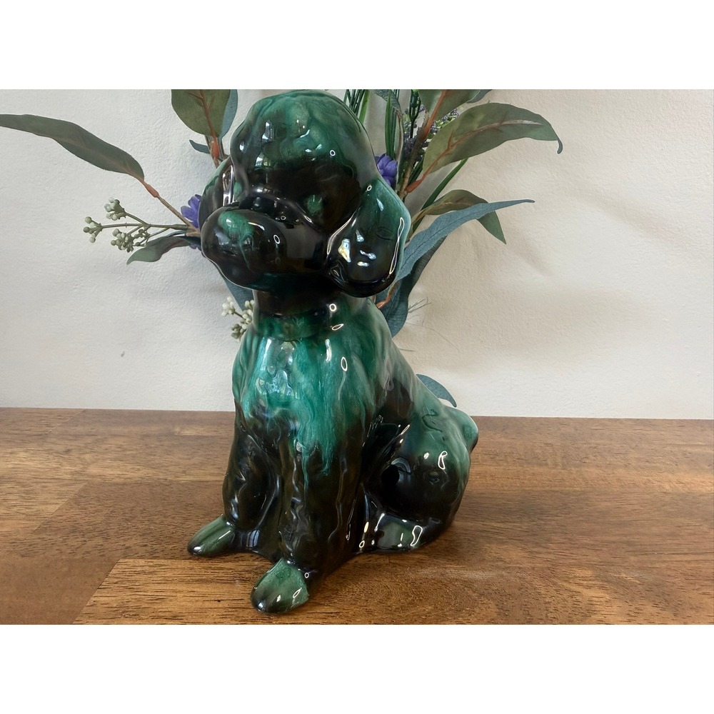 Vintage Blue Mountain Pottery Poodle Canadian Art Green Drip Glaze Dog‎ Figurine